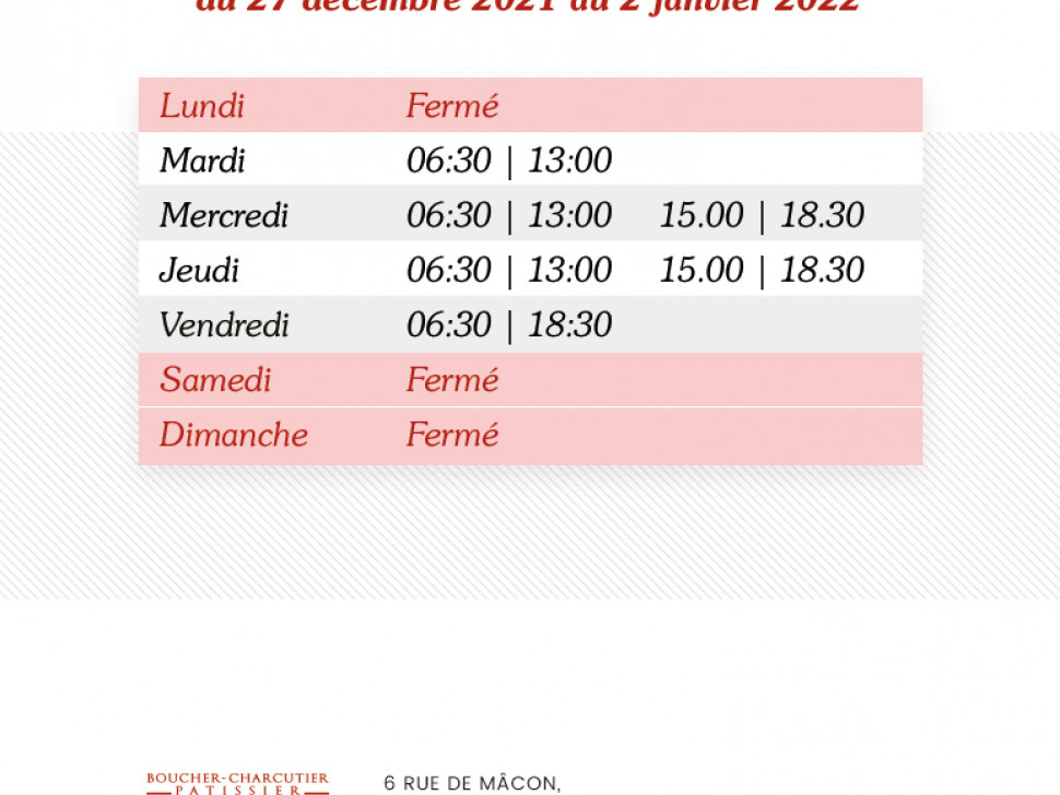 Hiver et Fête de fin d&#039;année, nous modifions nos horaires