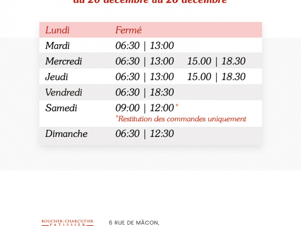 Hiver et Fête de fin d&#039;année, nous modifions nos horaires