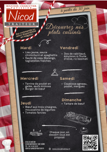 Plats du jour, préparations bouchères et dessert